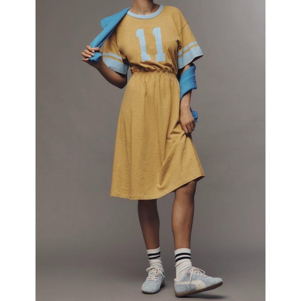 Anthropologie Sundry Rugby Midi Dress Golden Hour Size Small Sporty Tshirt Dress